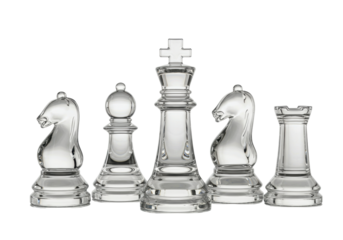 Elegant clear glass chess pieces isolated PNG, king queen knight rook and pawn on transparent background, strategy game elements