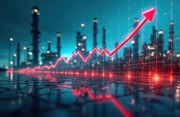 Red line graph with upward arrow shows rising energy market prices. Petrochemical industry production increases, driven by high demand. Global economy growth impacts oil, gas sector at night,