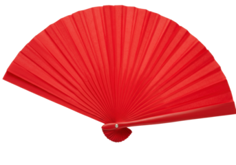 Bright red hand fan isolated PNG on transparent background, traditional oriental accessory for dance performance and summer heat