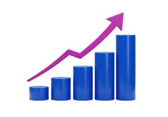 Blue bar graph with purple arrow isolated PNG, business growth chart on transparent background for presentations and data visualization