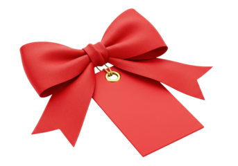 Red gift tag with bow isolated on transparent background, blank label for Christmas present or sale promotion PNG
