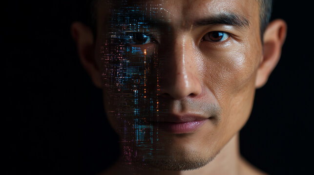 an asian man looking right into camera. smile. One side is normal and human, the other side of his face has digital data visualization artifacts to suggest ai usage. dark background. horizontal - Powered by Adobe