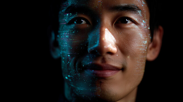 an asian man looking right into camera. smile. One side is normal and human, the other side of his face has digital data visualization artifacts to suggest ai usage. dark background. horizontal