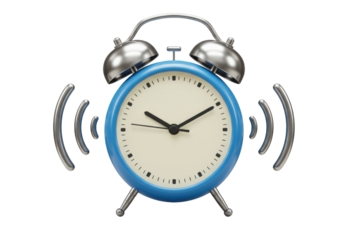 Blue alarm clock ringing PNG isolated on transparent background, time management and deadline reminder concept