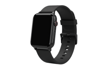 Black smartwatch with matching band isolated PNG, modern wearable tech for fitness tracking and communication on transparent background