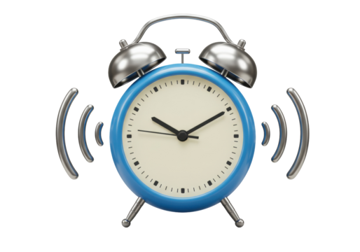 Blue alarm clock ringing PNG isolated on transparent background, time management and deadline reminder concept