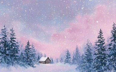 Winter Evening With Snow Falling Gently on a Cozy Cabin Surrounded by Tall Pine Trees