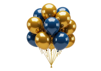 Bunch of gold and blue balloons isolated PNG on transparent background, party decoration for birthday and celebration