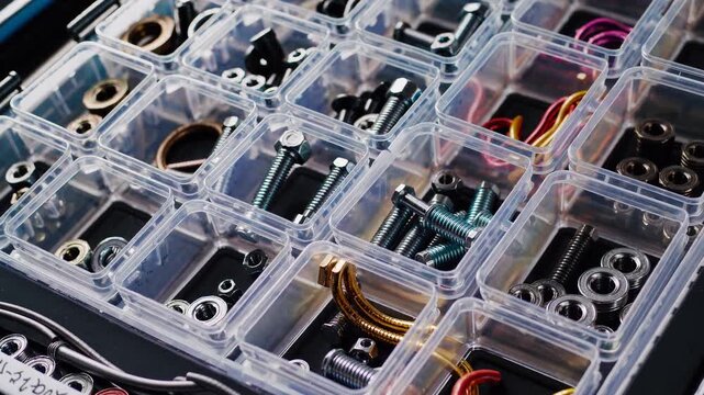 Industrial fasteners neatly sorted inside clear plastic storage box, displaying precise arrangement for electronic maintenance and precision engineering work