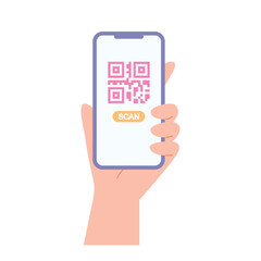Hand holding smartphone with QR code scan concept