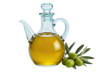 Glass olive oil cruet with green olives isolated on transparent background, healthy Mediterranean diet ingredient for cooking and salad dressing