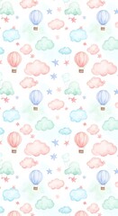 Watercolor Hot Air Balloons and Clouds Seamless Pattern for Nursery Decor.
