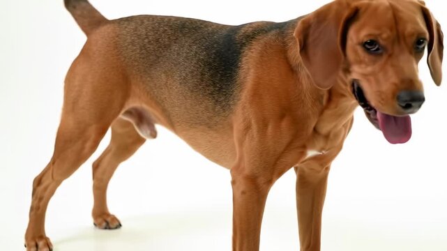 Happy hound dog standing in studio on white background for pet care advertisement
