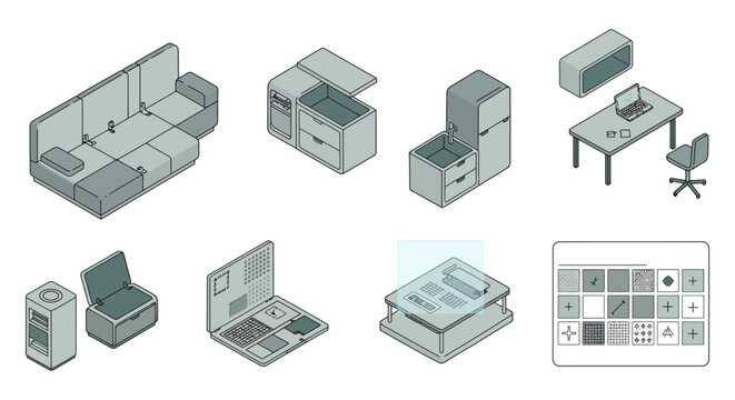 Modular furniture components showing a configurable living space and workstation illustrating space-saving design and adaptable interiors.