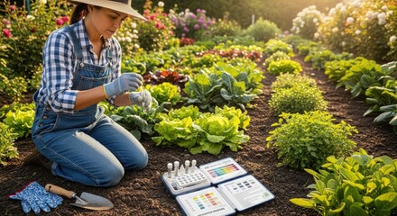 Gardener examining soil samples in lush vegetable garden