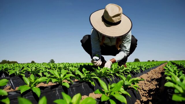 Agricultural worker wearing protective gloves, wide brimmed hat, examining seedlings in plastic covered rows beneath bright cloudless sky