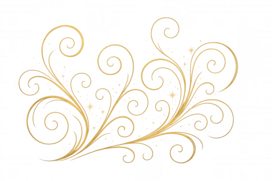 Golden ornamental swirl with decorative flourish and sparkling filigree element, transparent background