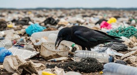 Raven scavenging in a landfill filled with plastic waste