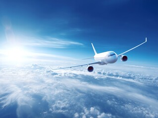 Obraz premium 青い空と白い雲の上を飛行する旅客機の航空写真と太陽光の輝く風景