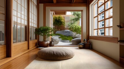 Fototapeta premium Serene Japanese Interior with Garden View and Natural Elements