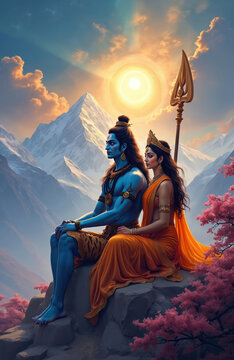 Lord Shiva with Parvati against mountain under sunlight. Hindu god Shiva with trident. Divine couple sit on rock. Spiritual religious theme for Maha Shivaratri holiday. Worship of deities.