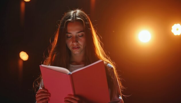 Young actress engrossed in script reading on stage. Dramatic lighting highlights focus, intensity during rehearsal. Image evokes creative storytelling, theatrical performance, suitable for