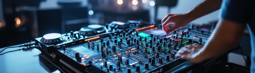 Obraz premium DJ at Work Hands Mixing Music on Console in Club,Music,Nightlife