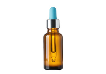 Amber glass dropper bottle isolated PNG, essential oil container with blue bulb on transparent background, aromatherapy and skincare product