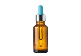 Amber glass dropper bottle isolated PNG, essential oil container with blue bulb on transparent background, aromatherapy and skincare product