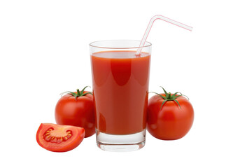 Refreshing tomato juice in glass with straw isolated PNG, healthy drink with fresh tomatoes on transparent background for food and beverage concepts