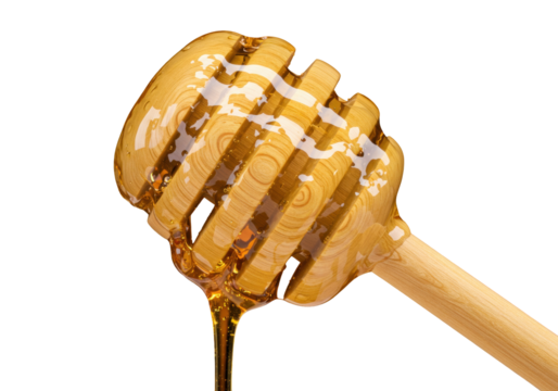 Wooden honey dipper with dripping honey isolated PNG, natural sweetener for healthy food and cooking on transparent background