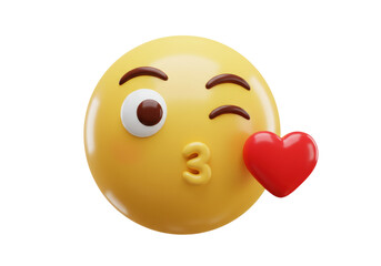 Yellow emoji face with heart isolated PNG on transparent background, sending love and a kiss for social media and design