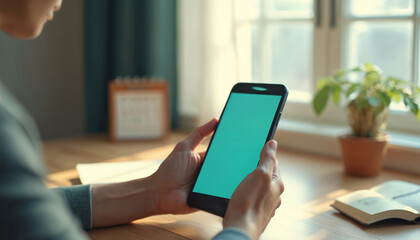 Woman holds smartphone with green screen for mockup at office desk. She plans her schedule in a mobile application. Paper calendar in background contrasts with modern digital organization tool.
