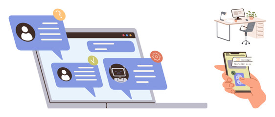 Chat bubbles with conversation icons on a laptop screen, smartphone with a map and app, and a modern workspace setup. Ideal for collaboration, support, remote work, connectivity, technology