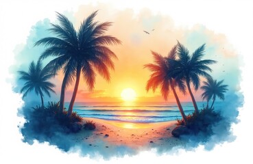 Obraz premium Watercolor painting shows sandy beach with palm trees at sunset. Ocean waves gently roll onto the shore. Bright sun sets over the calm sea horizon. Two birds fly in the sky.
