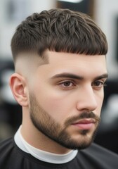 Fototapeta premium Modern textured crop haircut with faded sides and beard