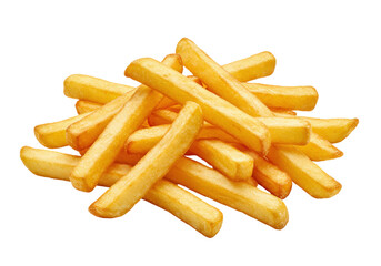 Pile of golden French fries isolated PNG, crispy and delicious fast food snack on transparent background for restaurant menus and takeout