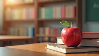 Red apple on teacher desk with stack of books. Blurred student desks in background. Educational environment with bookshelf and chalkboard. Large copy space for back to school designs and print.