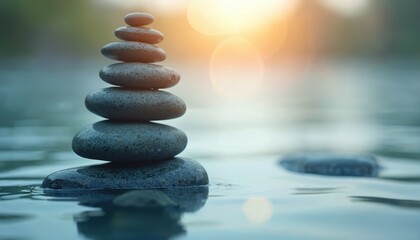 Fototapeta premium Stack of balanced stones on water surface. Calm pebbles create peace. Light flares, soft focus background suggests tranquility, harmony and zen lifestyle.