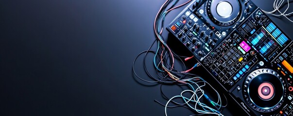 DJ Mixer Console with Cables on Dark Backdrop, Music, Audio