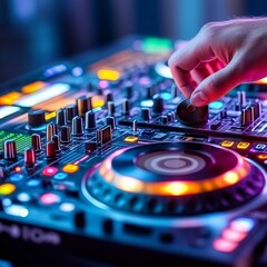 Naklejka premium DJ Mixer in Action Hand Adjusting Controls, Neon Lights , Music, Mixing