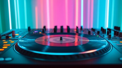 DJ Mixer with Neon Lights and Vinyl Record, music , party