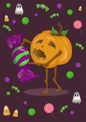 Cute Halloween Pumpkin Holding Giant Candy Surrounded by Colorful Sweets