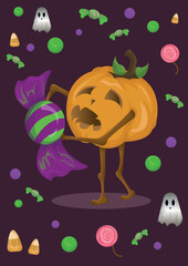 Cute Halloween Pumpkin Holding Giant Candy Surrounded by Colorful Sweets.eps