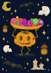 Cute Halloween Pumpkin Character with Candy Bowl and Bats on Dark Background