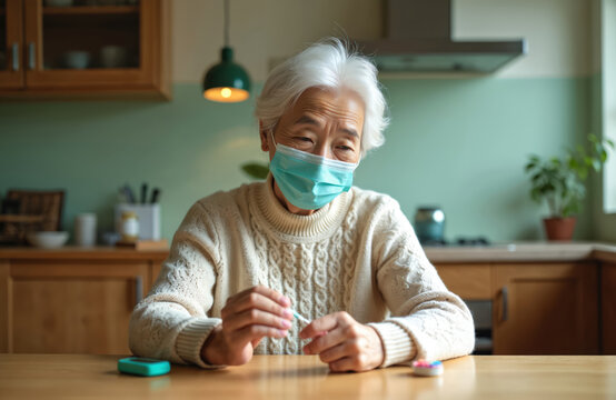 Senior Asian woman wearing blue medical mask sits at kitchen table. Holding blood glucose lancet, preparing to test finger. Woman actively monitors sugar level, managing diabetes during global