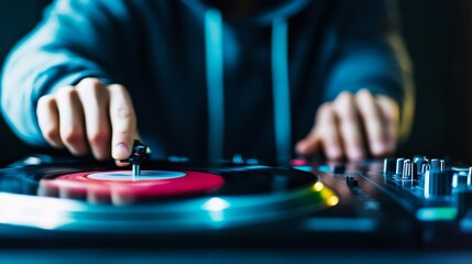 Fototapeta premium DJ Mixing Vinyl Turntable in Action, music, djing
