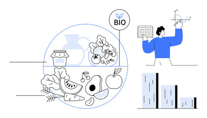 Fruits, vegetables, jar, bio label within circle, researcher analyzing chart and notes, bar graph. Ideal for sustainability, health nutrition organic food research science eco-living. Simple