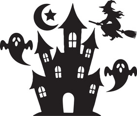 Halloween house , ghost, witch, moon, star silhouette vectors