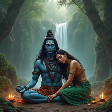 Hindu god Shiva meditates with goddess Parvati in serene green forest. Divine couple sits near beautiful waterfall. Woman lovingly rests on deity shoulder, expressing devotion, peace in sacred